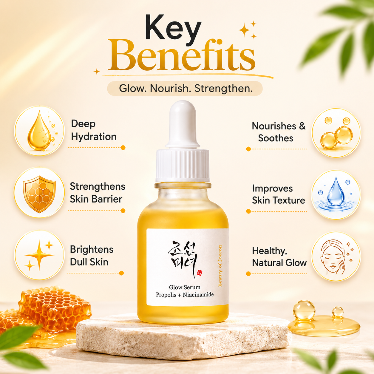 Beauty of Joseon Glow Serum Propolis + Niacinamide 30ml face serum for improving skin radiance, texture, and overall clarity.