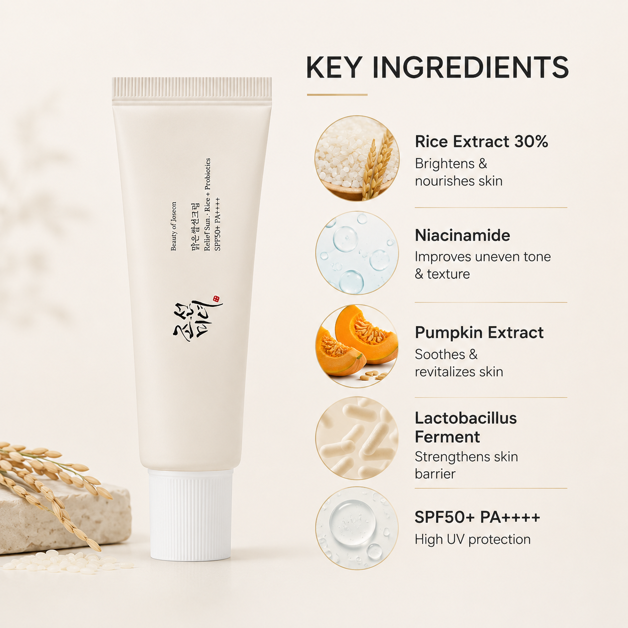 Beauty of Joseon Relief Sun Rice + Probiotics SPF50+ PA++++ sunscreen 50ml, lightweight daily UV protection with hydrating formula for sensitive skin.