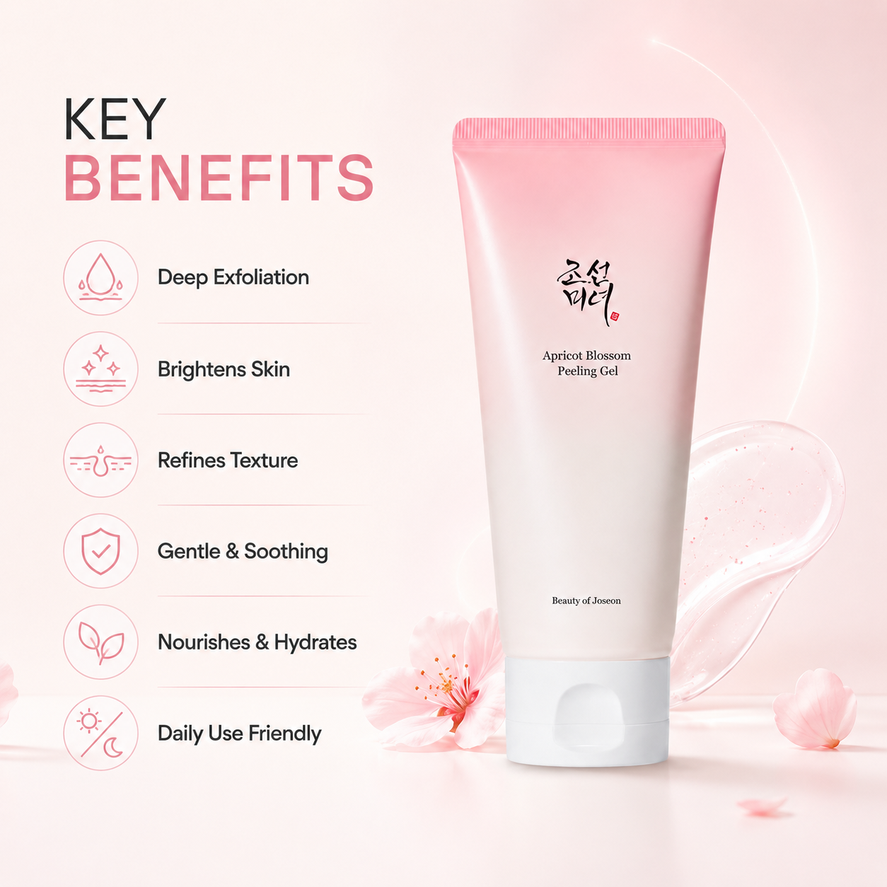 Beauty of Joseon Apricot Blossom Peeling Gel 100ml face exfoliator that gently removes dead skin cells for smoother, radiant skin.