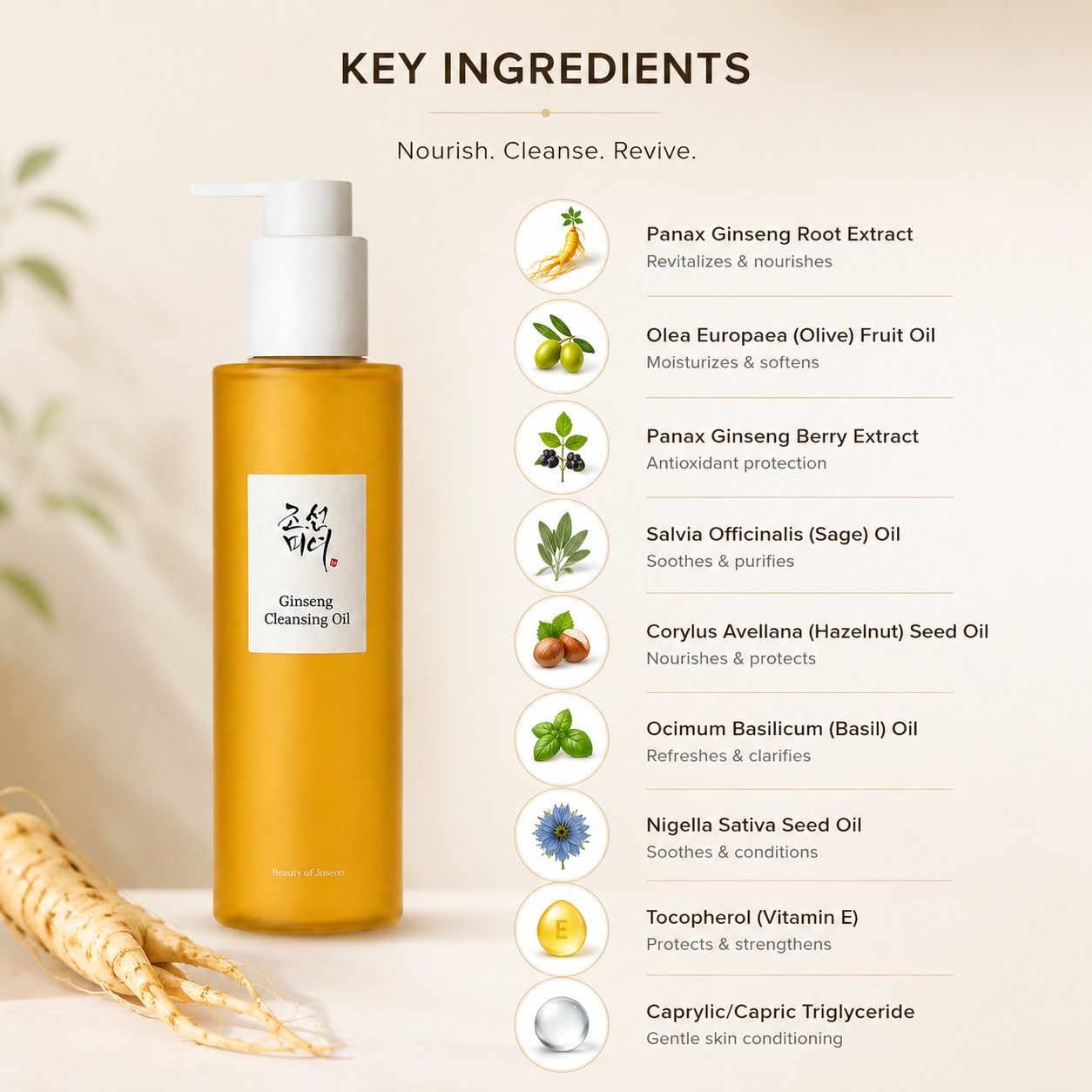 Beauty of Joseon Ginseng Cleansing Oil 210ml facial cleansing oil bottle for removing makeup, sunscreen, and daily impurities gently.