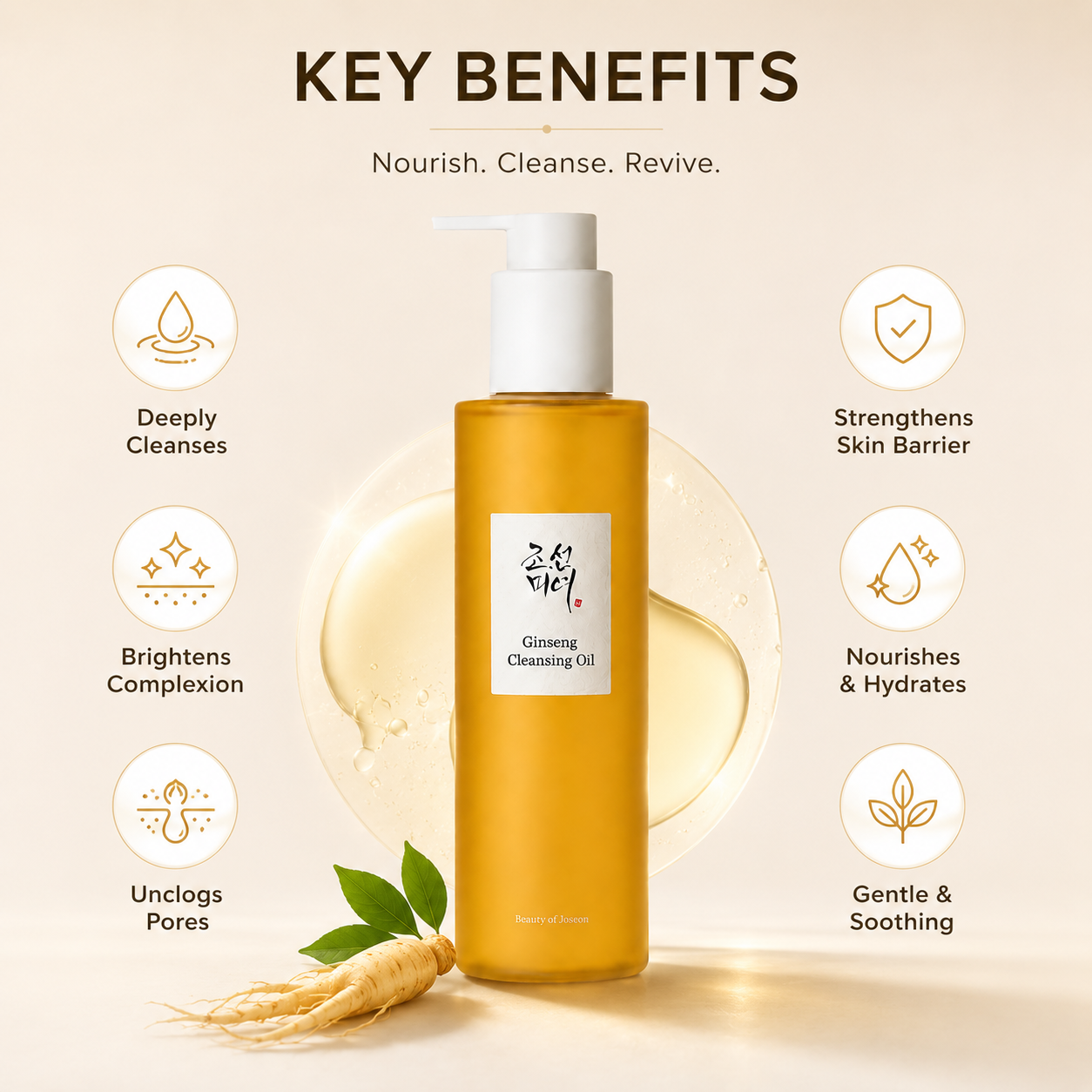 Beauty of Joseon Ginseng Cleansing Oil 210ml facial cleansing oil bottle for removing makeup, sunscreen, and daily impurities gently.