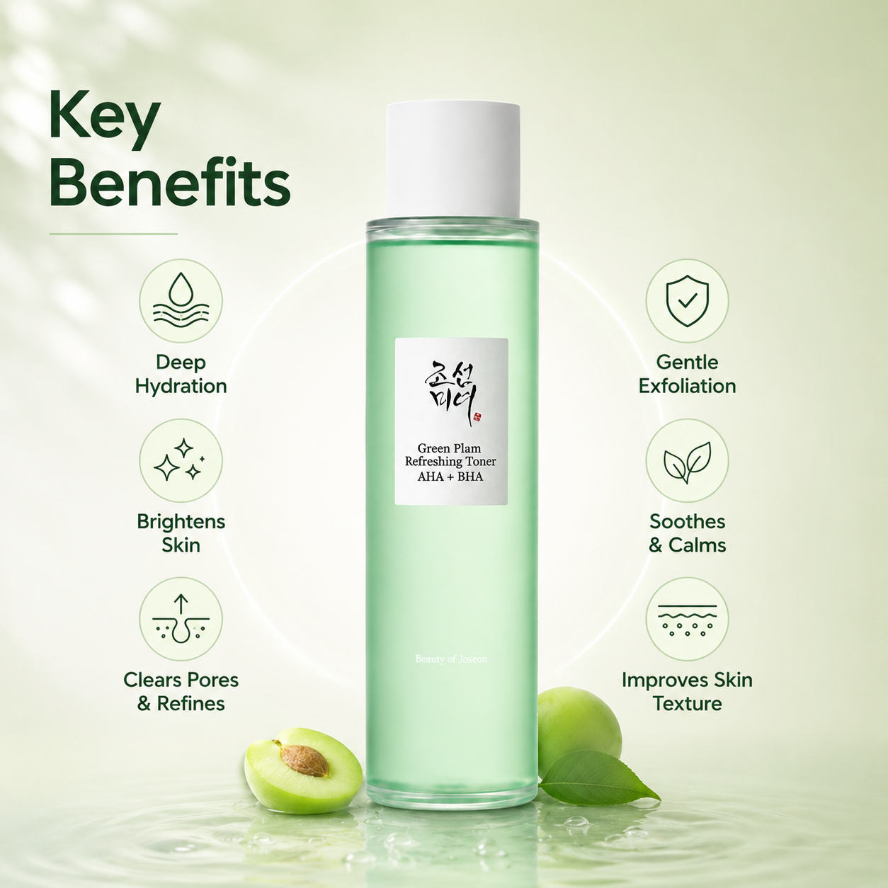 Beauty of Joseon Green Plum Refreshing Toner AHA + BHA 150ml exfoliating facial toner for smoother skin texture and pore care.
