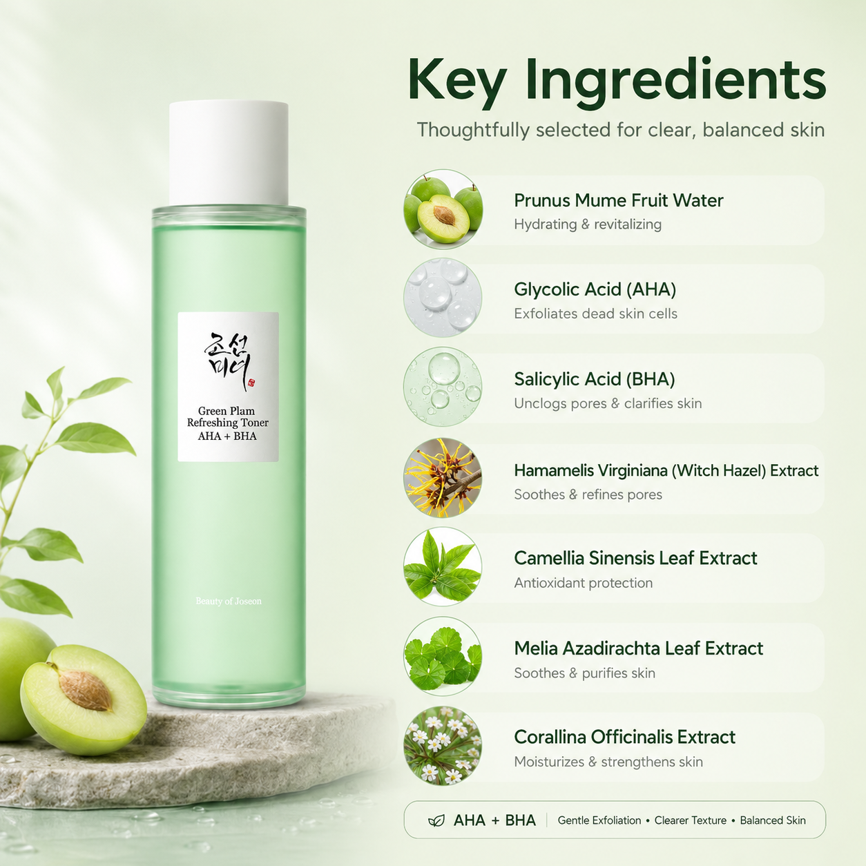 Beauty of Joseon Green Plum Refreshing Toner AHA + BHA 150ml exfoliating facial toner for smoother skin texture and pore care.
