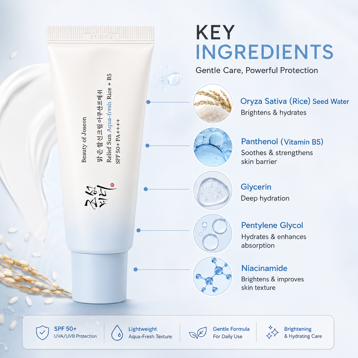 Beauty of Joseon Relief Sun Aqua-Fresh Rice + B5 SPF 50+ PA++++ facial sunscreen 50ml providing lightweight daily UV protection and hydration.