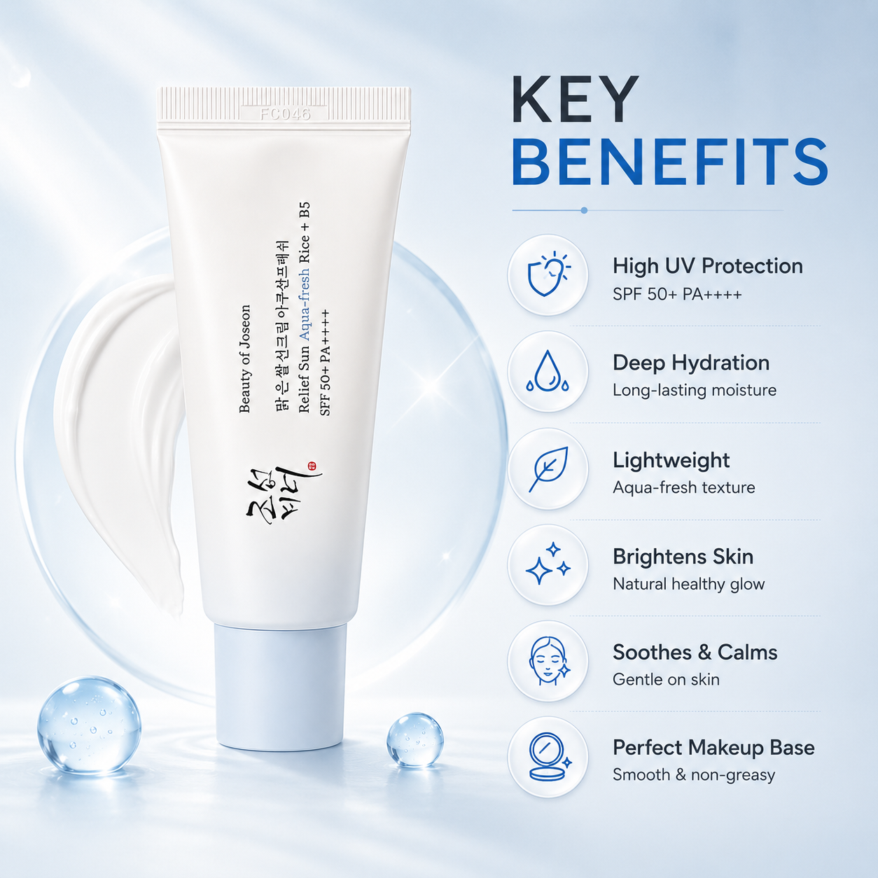 Beauty of Joseon Relief Sun Aqua-Fresh Rice + B5 SPF 50+ PA++++ facial sunscreen 50ml providing lightweight daily UV protection and hydration.