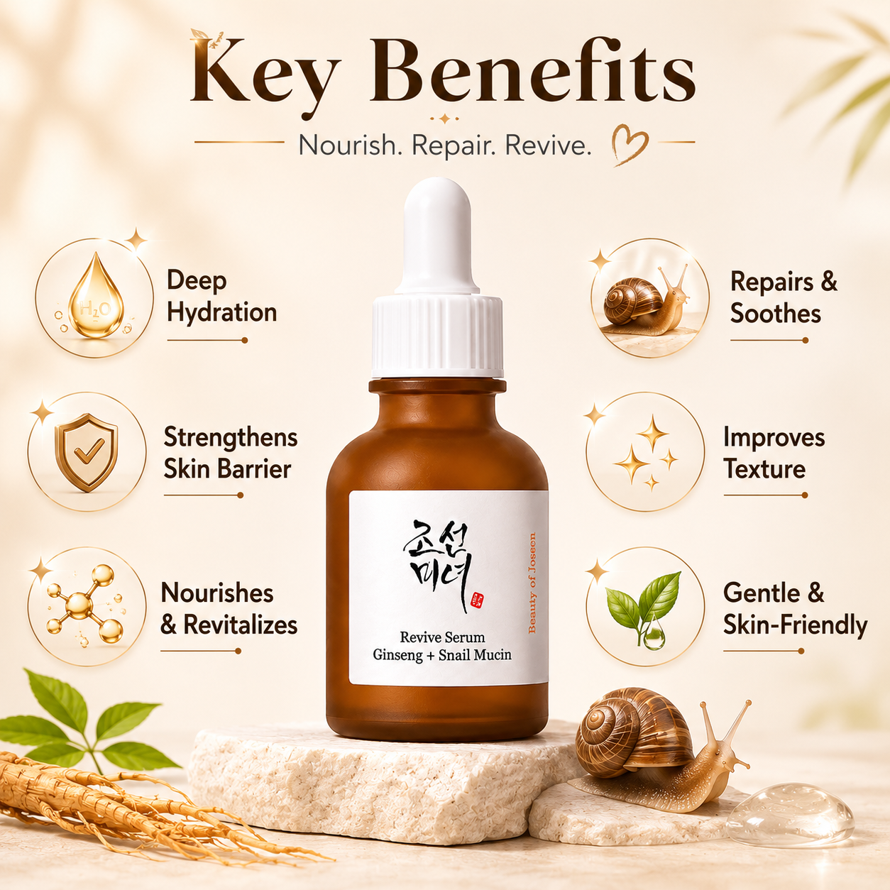 Beauty of Joseon Revive Serum Ginseng + Snail Mucin 30ml face serum for hydration, skin barrier support, and smoother-looking skin.