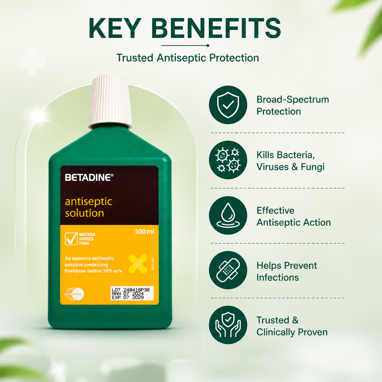 Betadine Antiseptic Solution 500ml aqueous antiseptic with Povidone-Iodine for broad-spectrum protection against bacteria, viruses and fungi