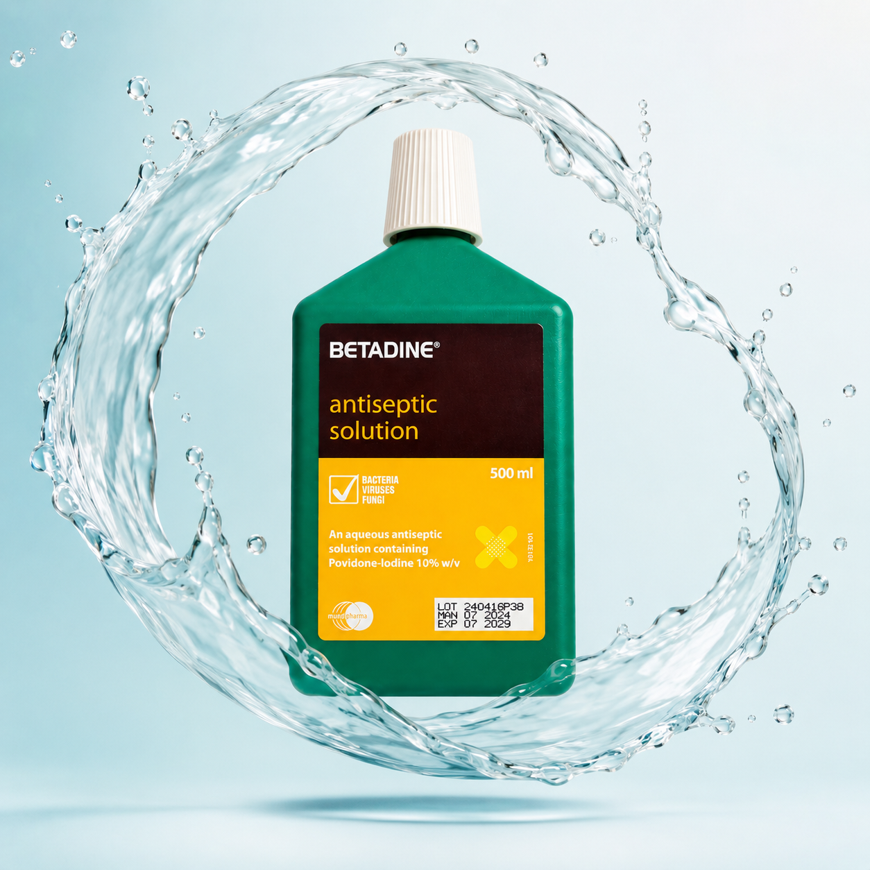 Betadine Antiseptic Solution 500ml aqueous antiseptic with Povidone-Iodine for broad-spectrum protection against bacteria, viruses and fungi