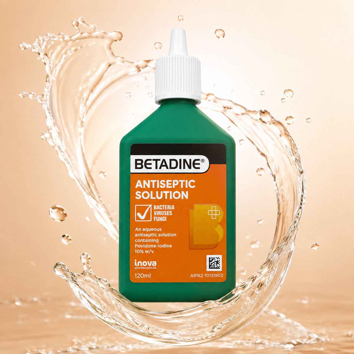 Betadine Antiseptic Solution 120ml povidone-iodine antiseptic for skin and wound de-germing, shown in original green bottle packaging