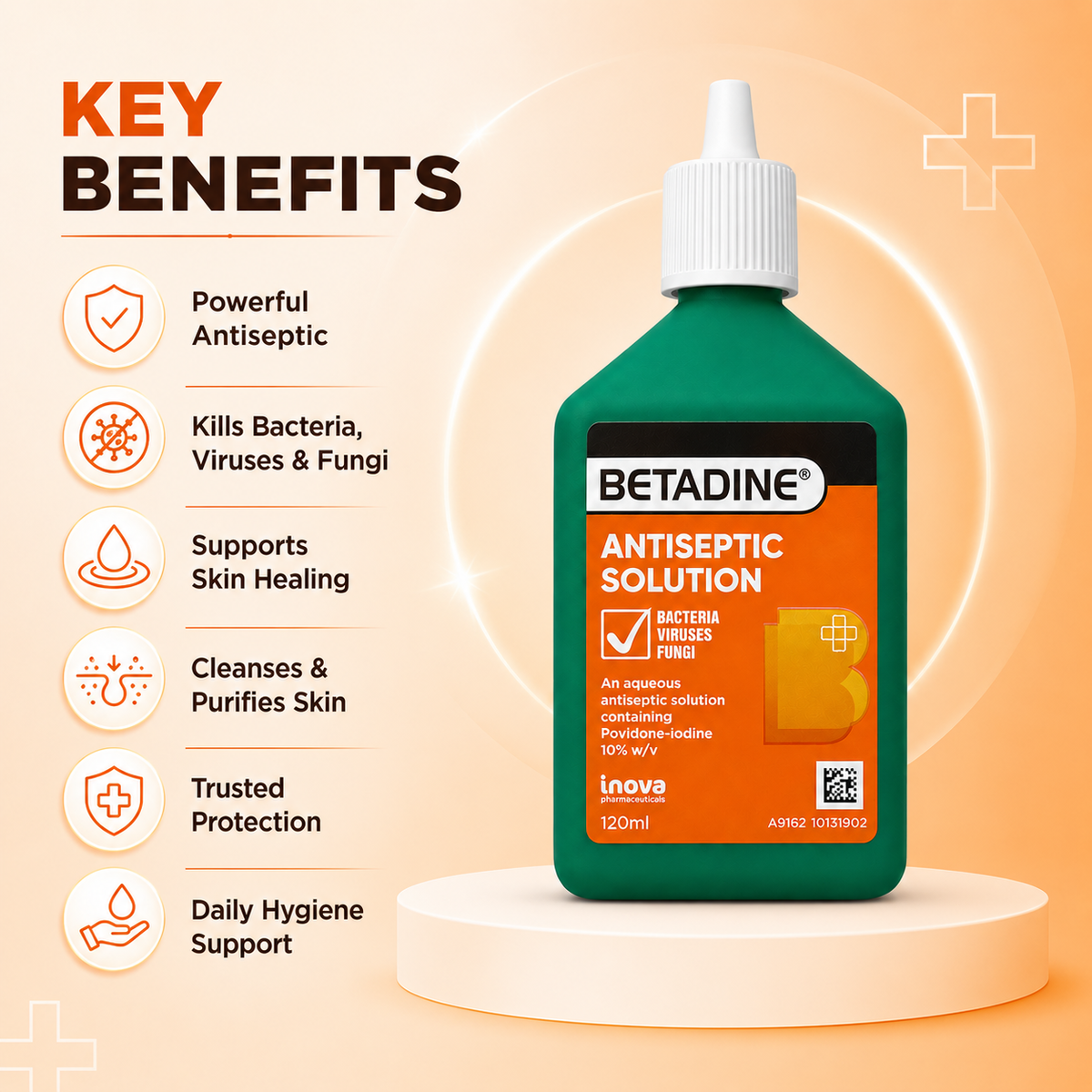 Betadine Antiseptic Solution 120ml povidone-iodine antiseptic for skin and wound de-germing, shown in original green bottle packaging