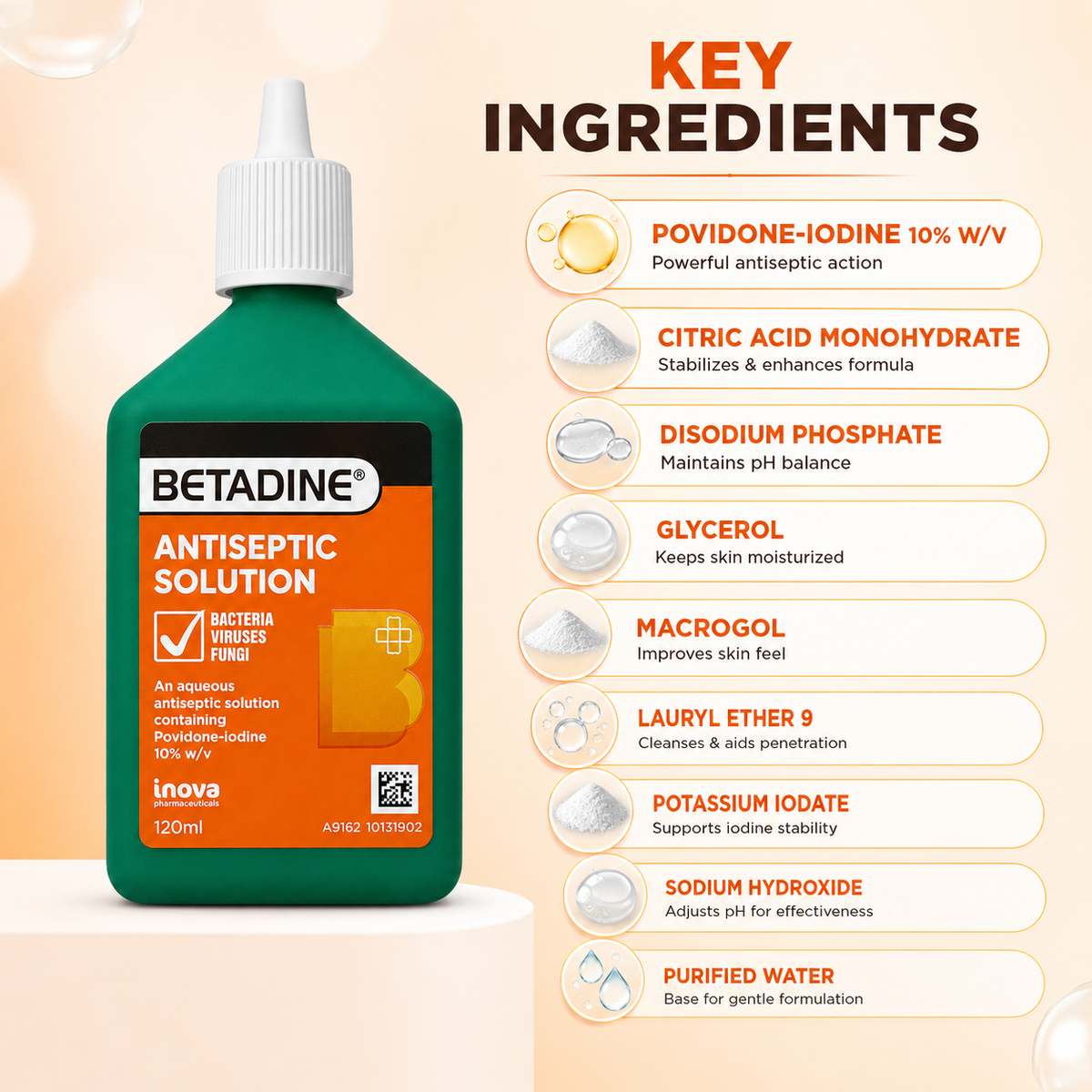 Betadine Antiseptic Solution 120ml povidone-iodine antiseptic for skin and wound de-germing, shown in original green bottle packaging