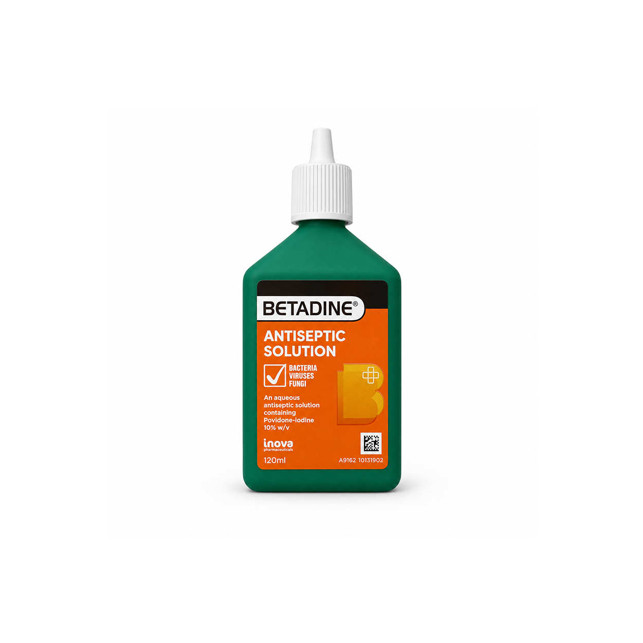 Betadine Antiseptic Solution 120ml povidone-iodine antiseptic for skin and wound de-germing, shown in original green bottle packaging