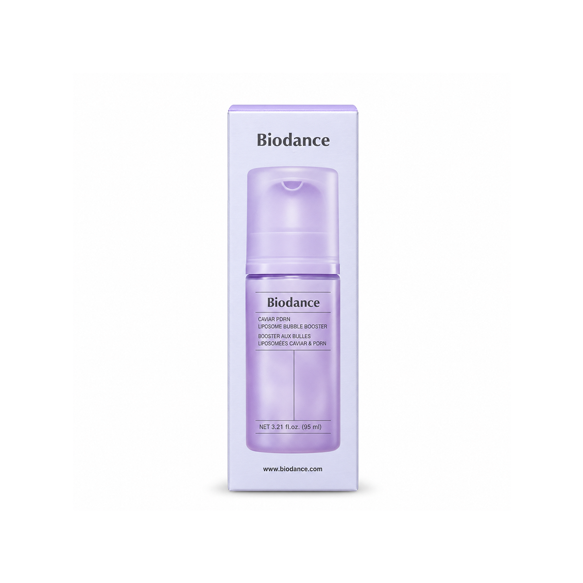 Biodance Caviar PDRN Liposome Bubble Booster facial serum 95ml in a lavender pump bottle for skin hydration and suppleness.