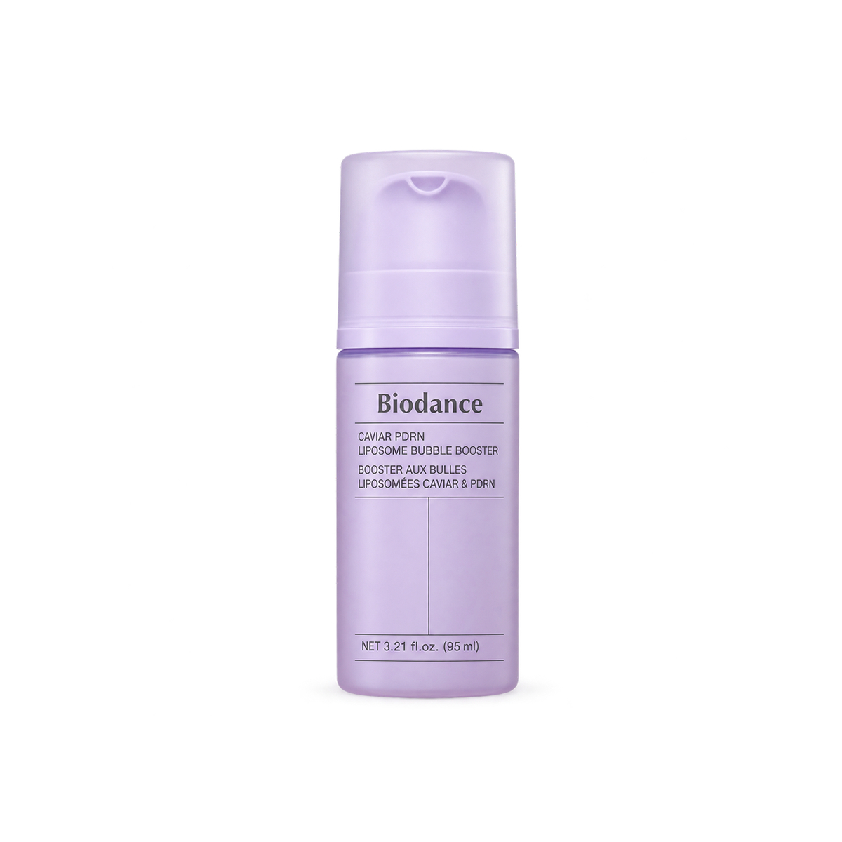 Biodance Caviar PDRN Liposome Bubble Booster facial serum 95ml in a lavender pump bottle for skin hydration and suppleness.