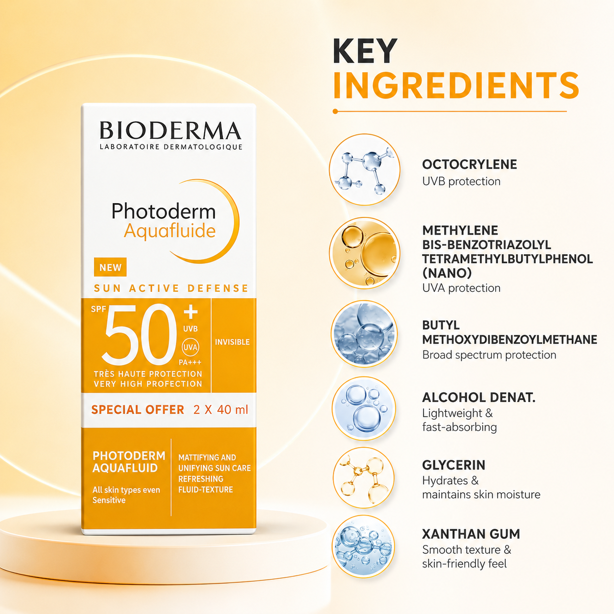 Bioderma Photoderm Aquafluide SPF 50+ Invisible Sunscreen Fluid Special Offer 2 x 40ml with lightweight broad-spectrum sun protection for sensitive skin.