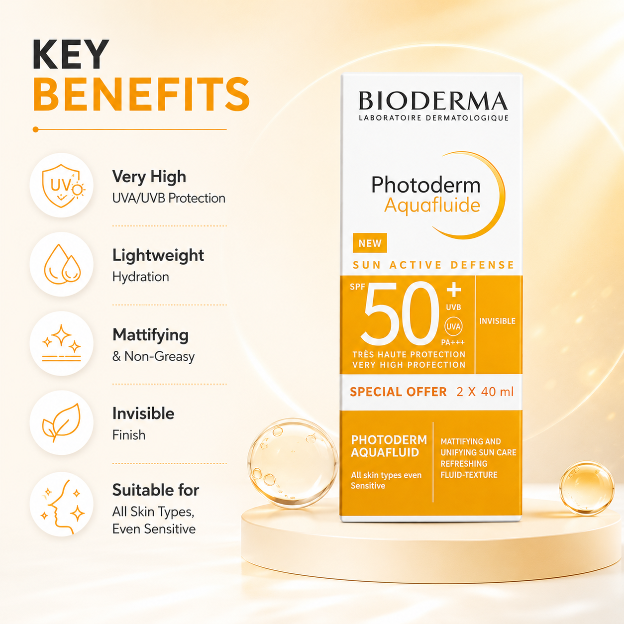 Bioderma Photoderm Aquafluide SPF 50+ Invisible Sunscreen Fluid Special Offer 2 x 40ml with lightweight broad-spectrum sun protection for sensitive skin.