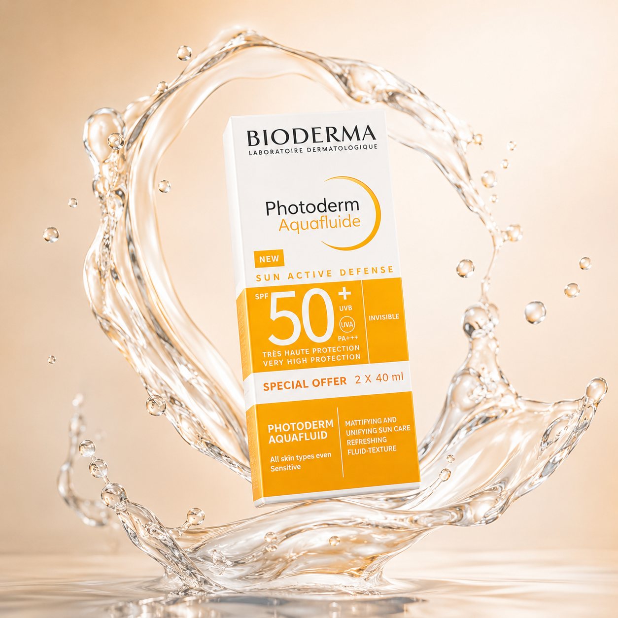 Bioderma Photoderm Aquafluide SPF 50+ Invisible Sunscreen Fluid Special Offer 2 x 40ml with lightweight broad-spectrum sun protection for sensitive skin.