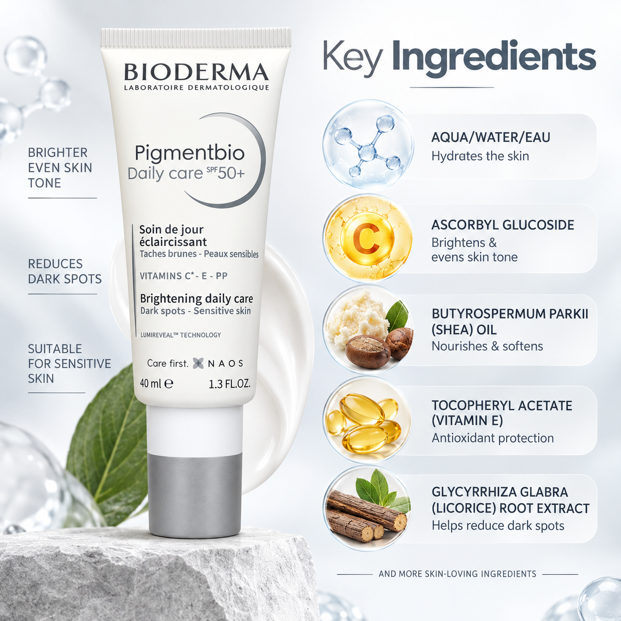 Bioderma Pigmentbio Daily Care SPF 50+ brightening face care for dark spots, 40ml, suitable for sensitive skin