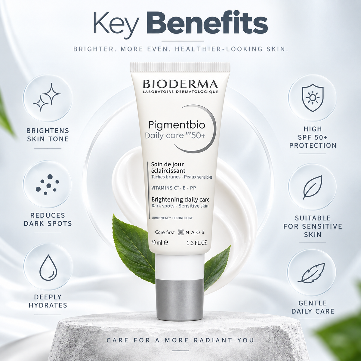 Bioderma Pigmentbio Daily Care SPF 50+ brightening face care for dark spots, 40ml, suitable for sensitive skin