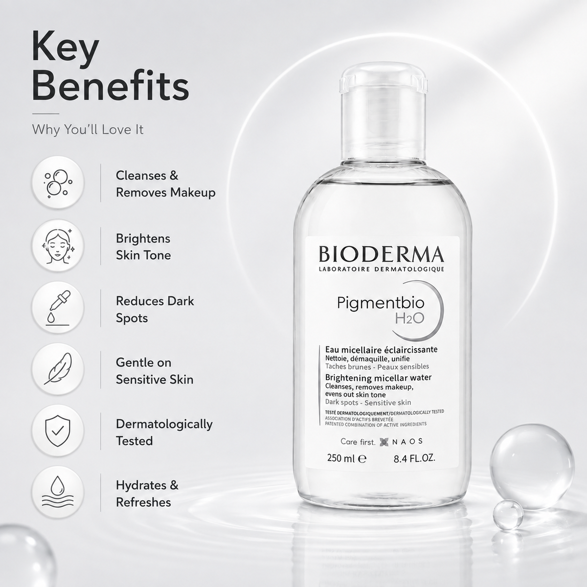 Bioderma Pigmentbio H2O Brightening Micellar Water 250ml no-rinse facial cleanser that removes makeup and helps reduce dark spots.