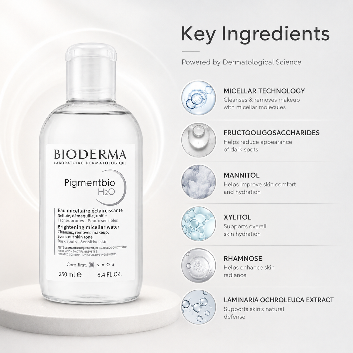 Bioderma Pigmentbio H2O Brightening Micellar Water 250ml no-rinse facial cleanser that removes makeup and helps reduce dark spots.