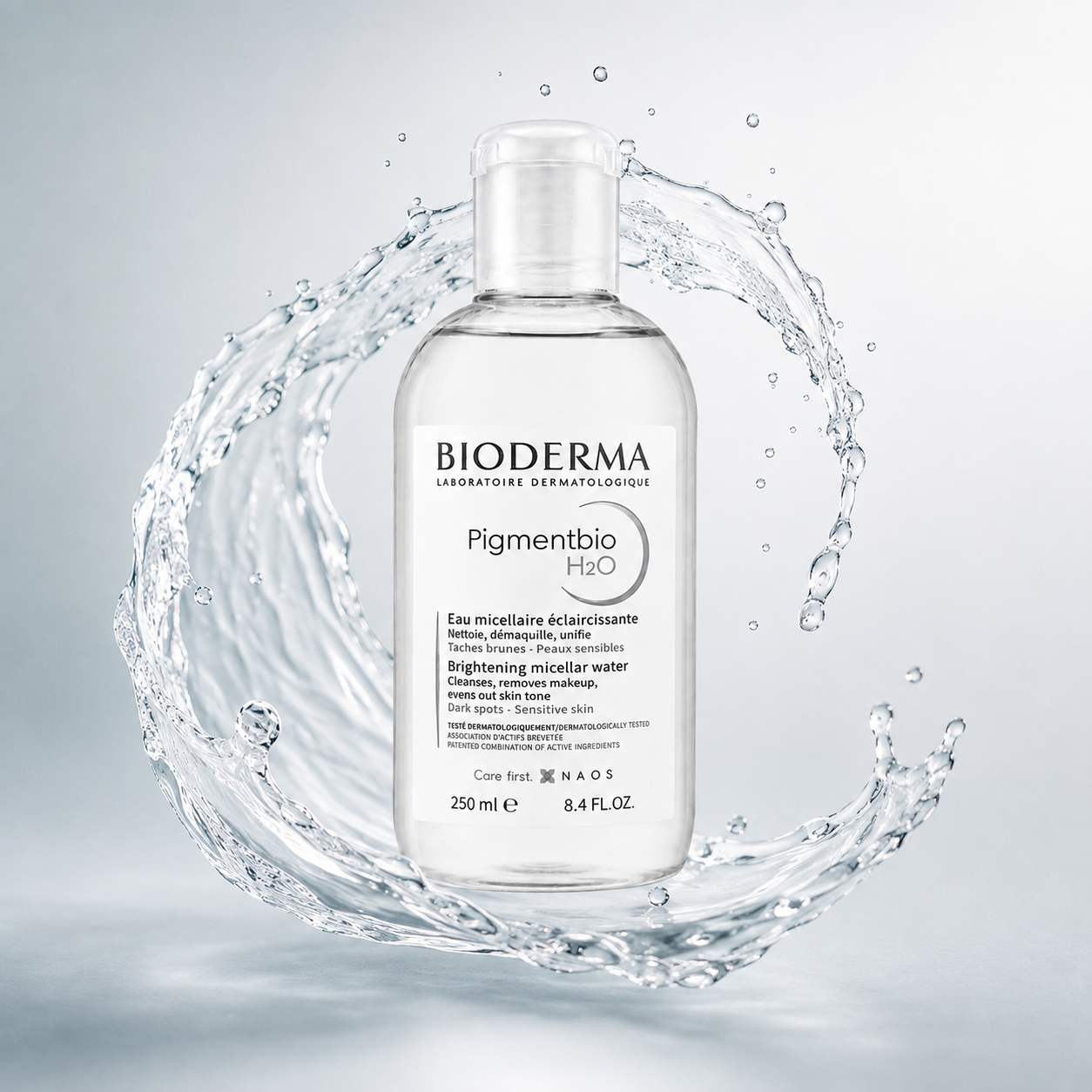 Bioderma Pigmentbio H2O Brightening Micellar Water 250ml no-rinse facial cleanser that removes makeup and helps reduce dark spots.