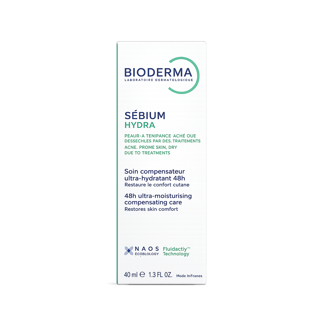 Bioderma Sébium Hydra Ultra-Moisturising Compensating Face Cream 40ml for acne-prone skin, providing 48-hour hydration and skin comfort.