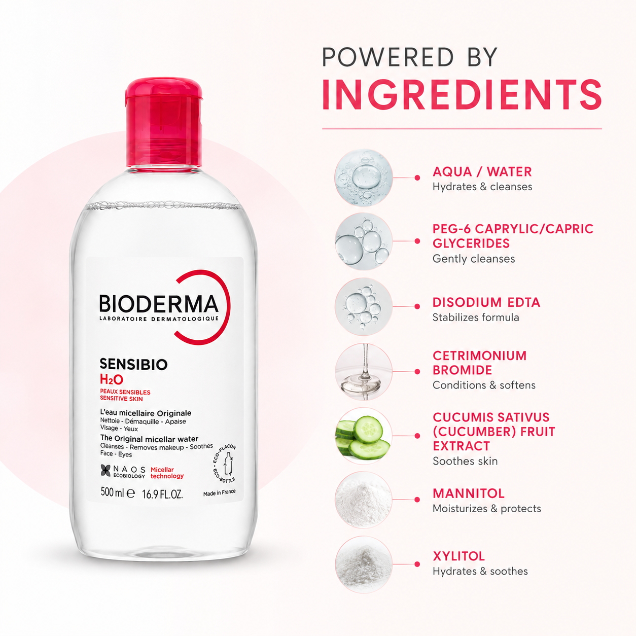 Bioderma Sensibio H2O Micellar Water 500ml micellar cleansing water for sensitive skin that gently removes makeup and impurities.