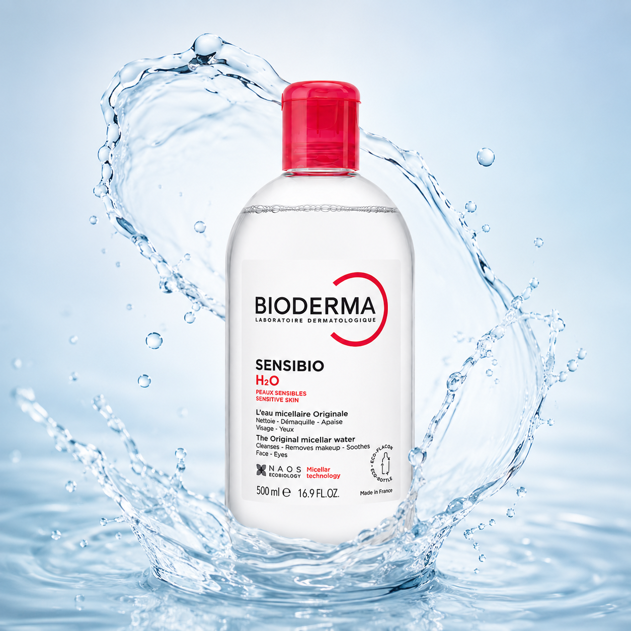 Bioderma Sensibio H2O Micellar Water 500ml micellar cleansing water for sensitive skin that gently removes makeup and impurities.