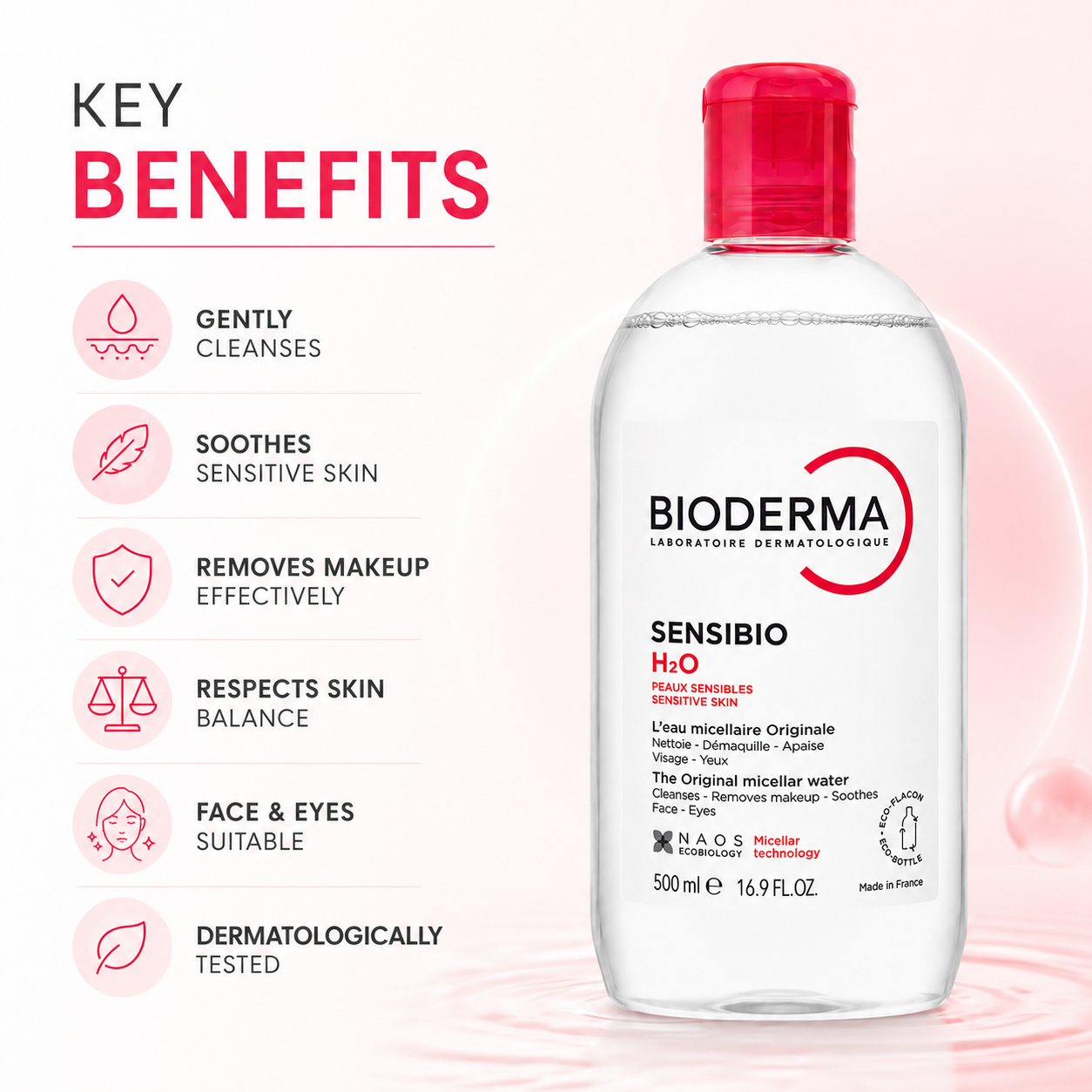 Bioderma Sensibio H2O Micellar Water 500ml micellar cleansing water for sensitive skin that gently removes makeup and impurities.