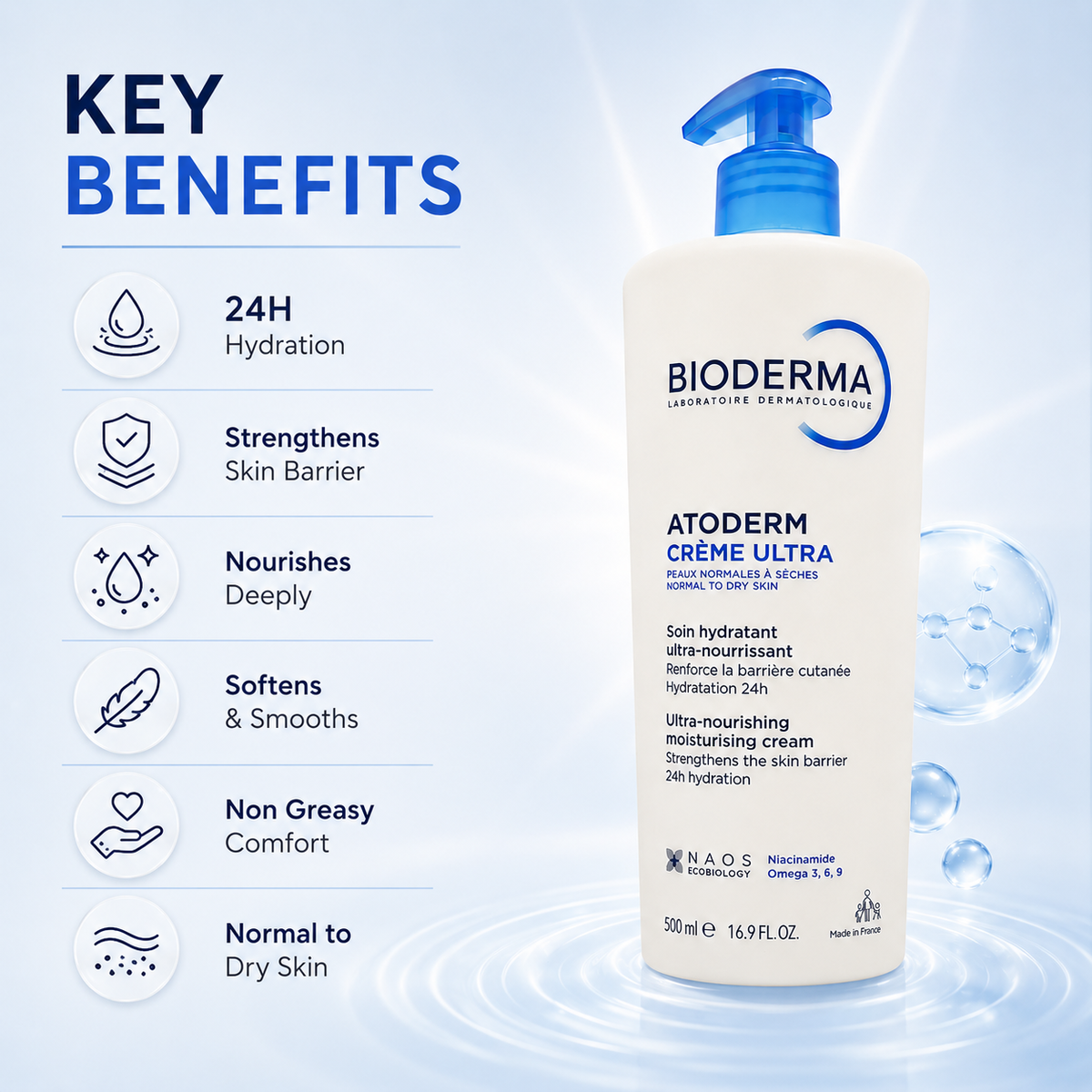 Bioderma Atoderm Crème Ultra 500ml ultra-nourishing moisturising cream for normal to dry skin with 24-hour hydration