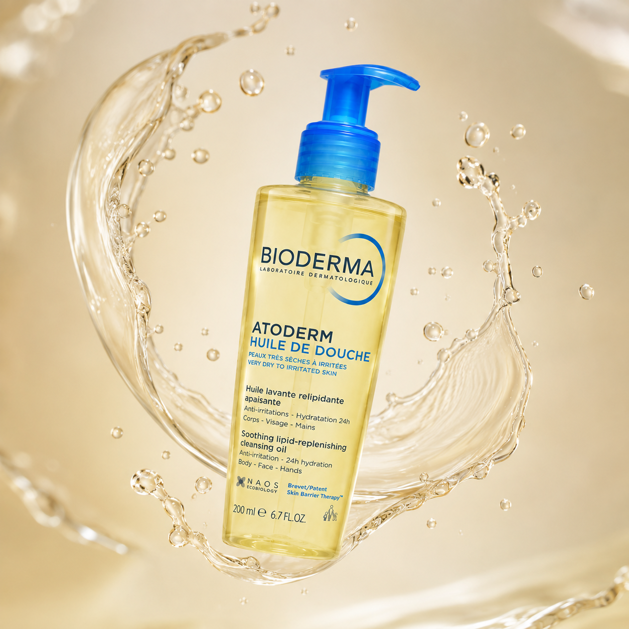 Bioderma Atoderm Huile De Douche Cleansing Oil 200ml bottle for very dry and irritated skin with 24-hour hydration and skin barrier support.