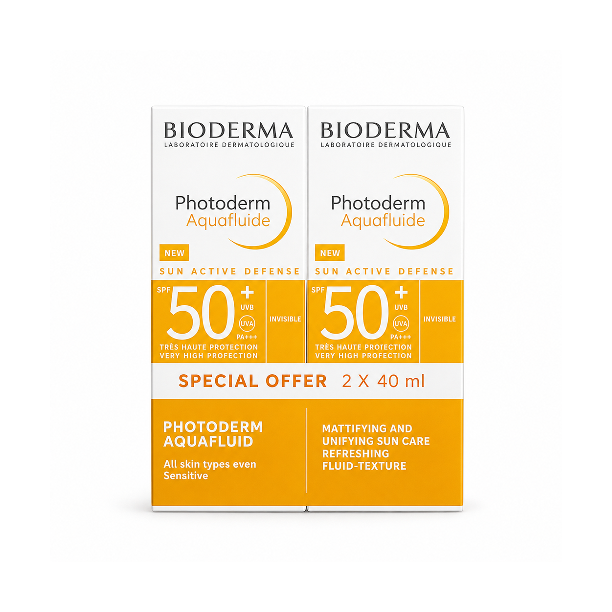 Bioderma Photoderm Aquafluide SPF 50+ Invisible Sunscreen Fluid Special Offer 2 x 40ml with lightweight broad-spectrum sun protection for sensitive skin.