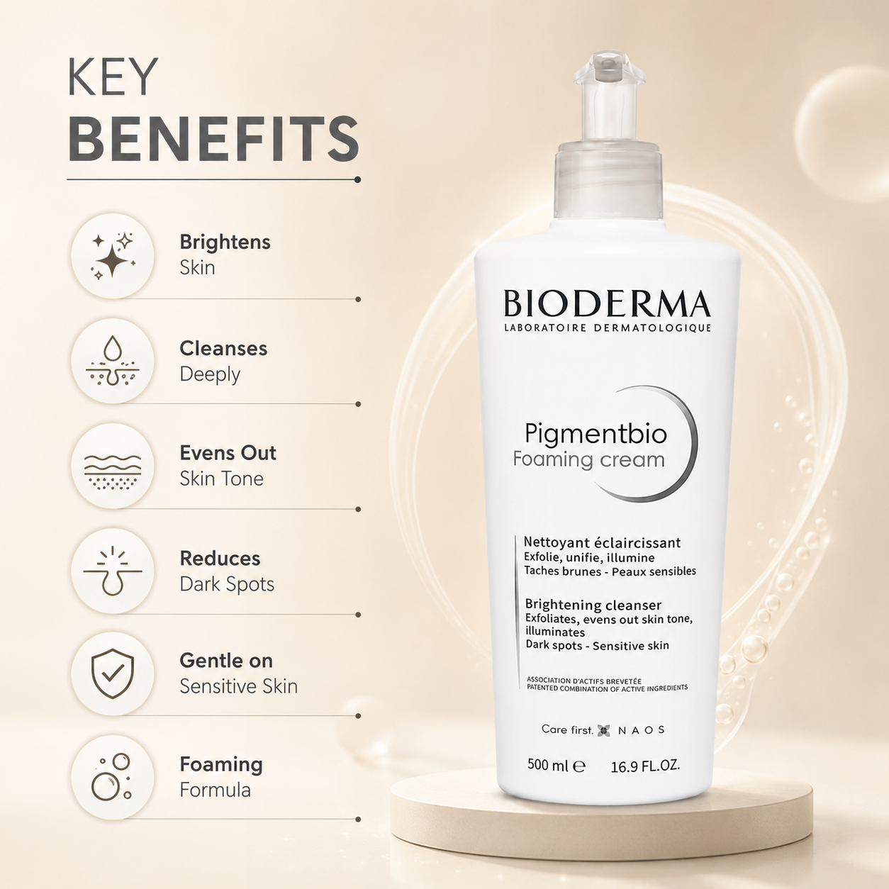 Bioderma Pigmentbio Foaming Cream Brightening Cleanser 500ml for sensitive skin, helping reduce dark spots and improve skin radiance.