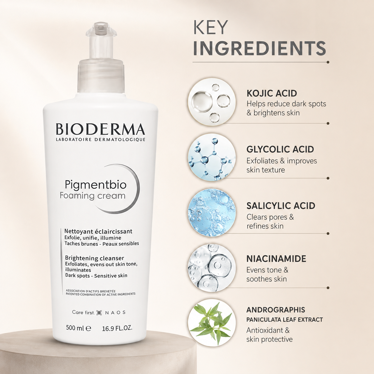 Bioderma Pigmentbio Foaming Cream Brightening Cleanser 500ml for sensitive skin, helping reduce dark spots and improve skin radiance.