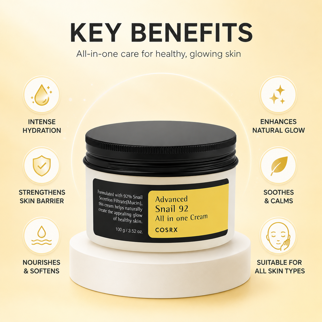 COSRX Advanced Snail 92 All In One Cream face moisturizer 100g providing deep hydration and skin barrier support for dry skin.