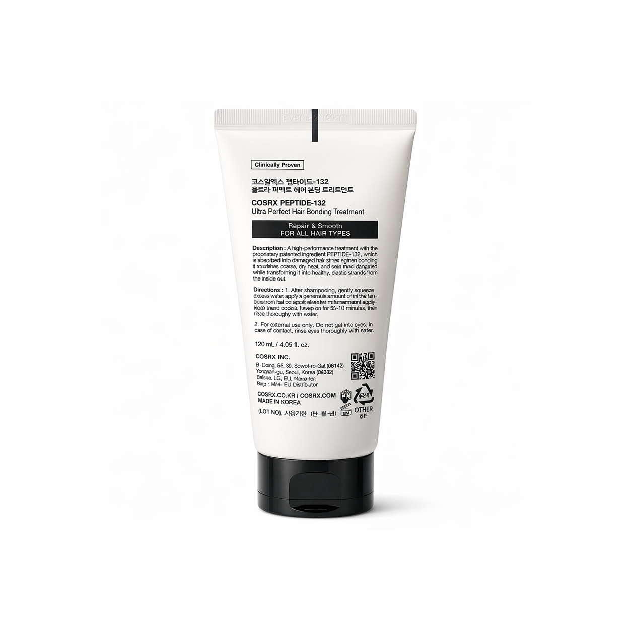 COSRX Peptide 132 Ultra Perfect Hair Bonding Treatment 120ml tube for repairing damaged hair and improving strength