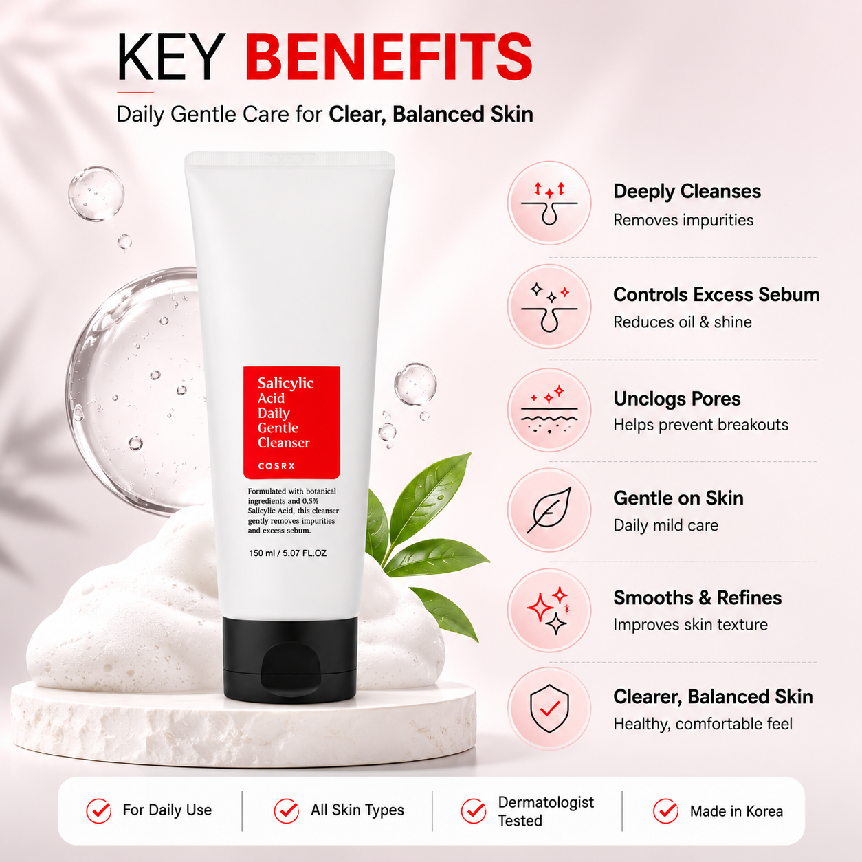 COSRX Salicylic Acid Daily Gentle Cleanser 150ml facial cleanser tube for daily pore cleansing, oil control, and acne-prone skin care.