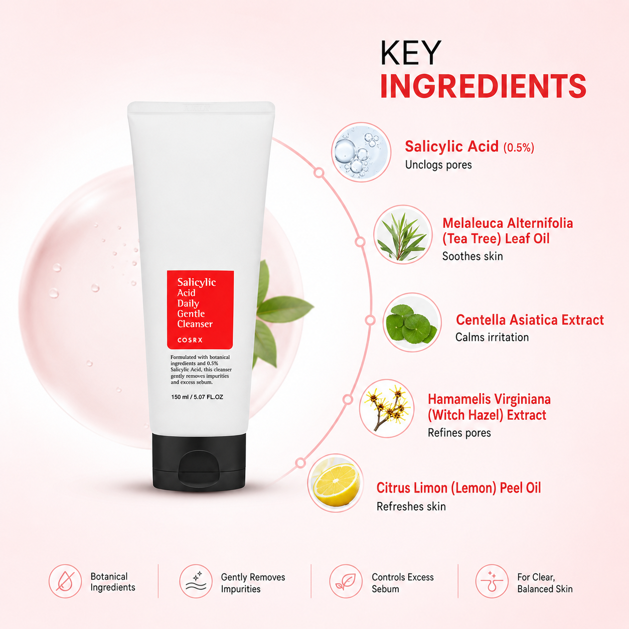 COSRX Salicylic Acid Daily Gentle Cleanser 150ml facial cleanser tube for daily pore cleansing, oil control, and acne-prone skin care.