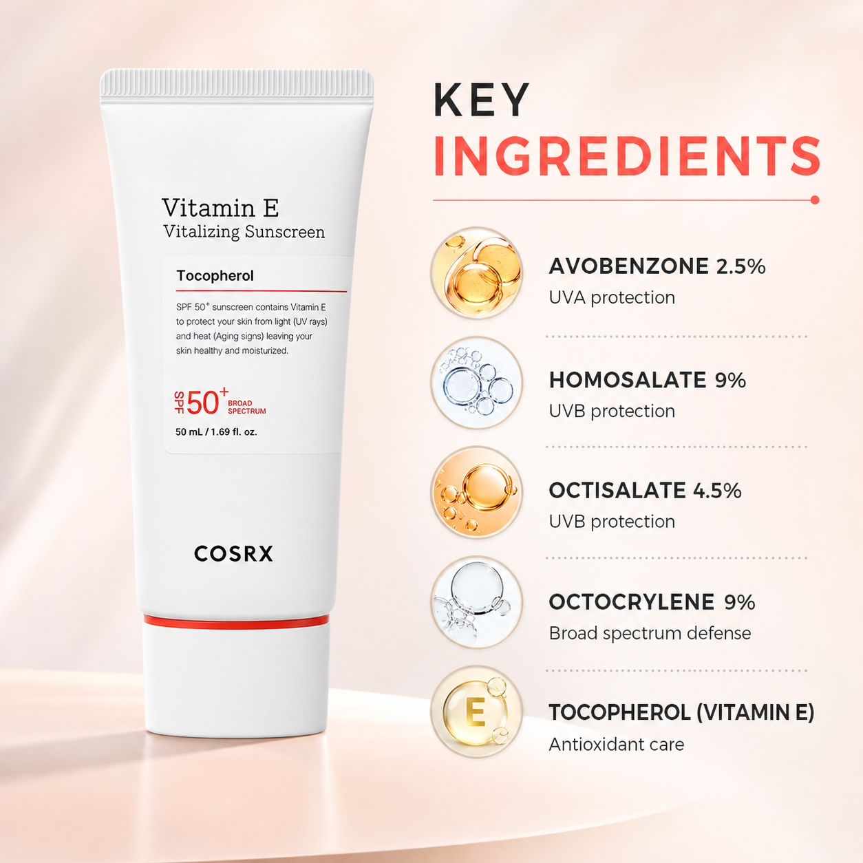 COSRX Vitamin E Vitalizing Sunscreen SPF 50+ face sunscreen 50ml providing lightweight UV protection and hydration