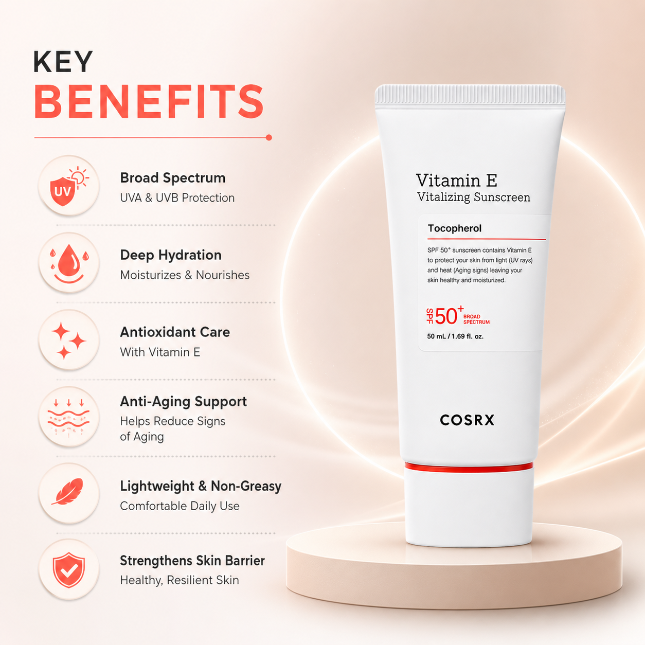 COSRX Vitamin E Vitalizing Sunscreen SPF 50+ face sunscreen 50ml providing lightweight UV protection and hydration