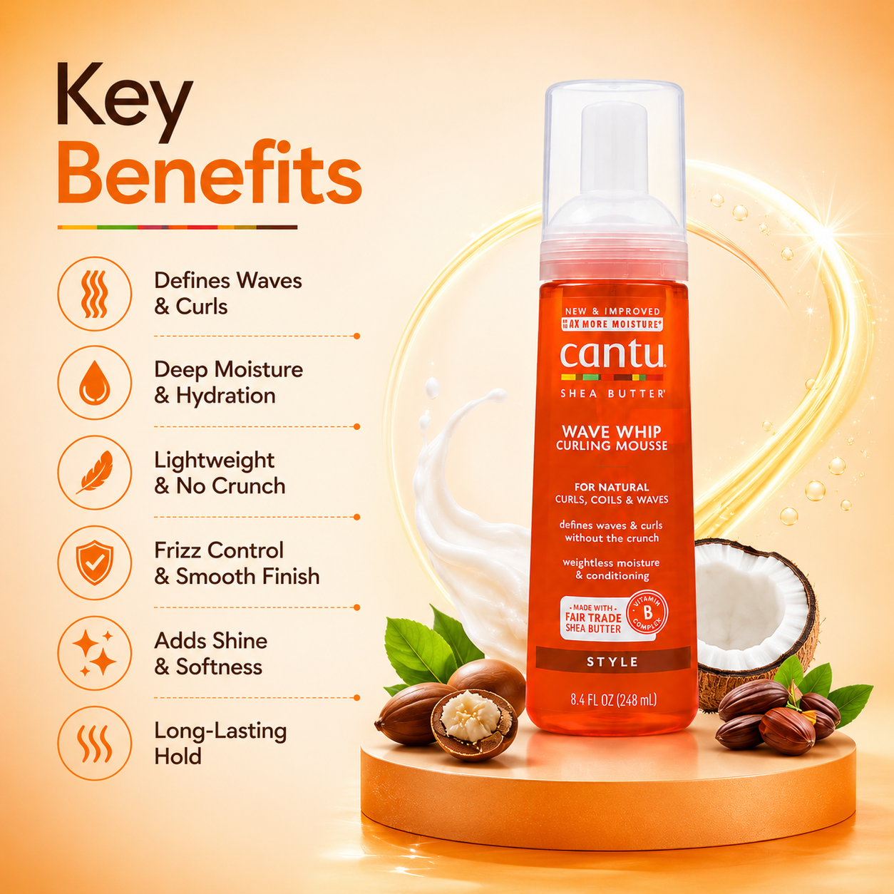 Cantu Shea Butter Wave Whip Curling Mousse 248ml for natural curls and waves with lightweight frizz control and soft hold