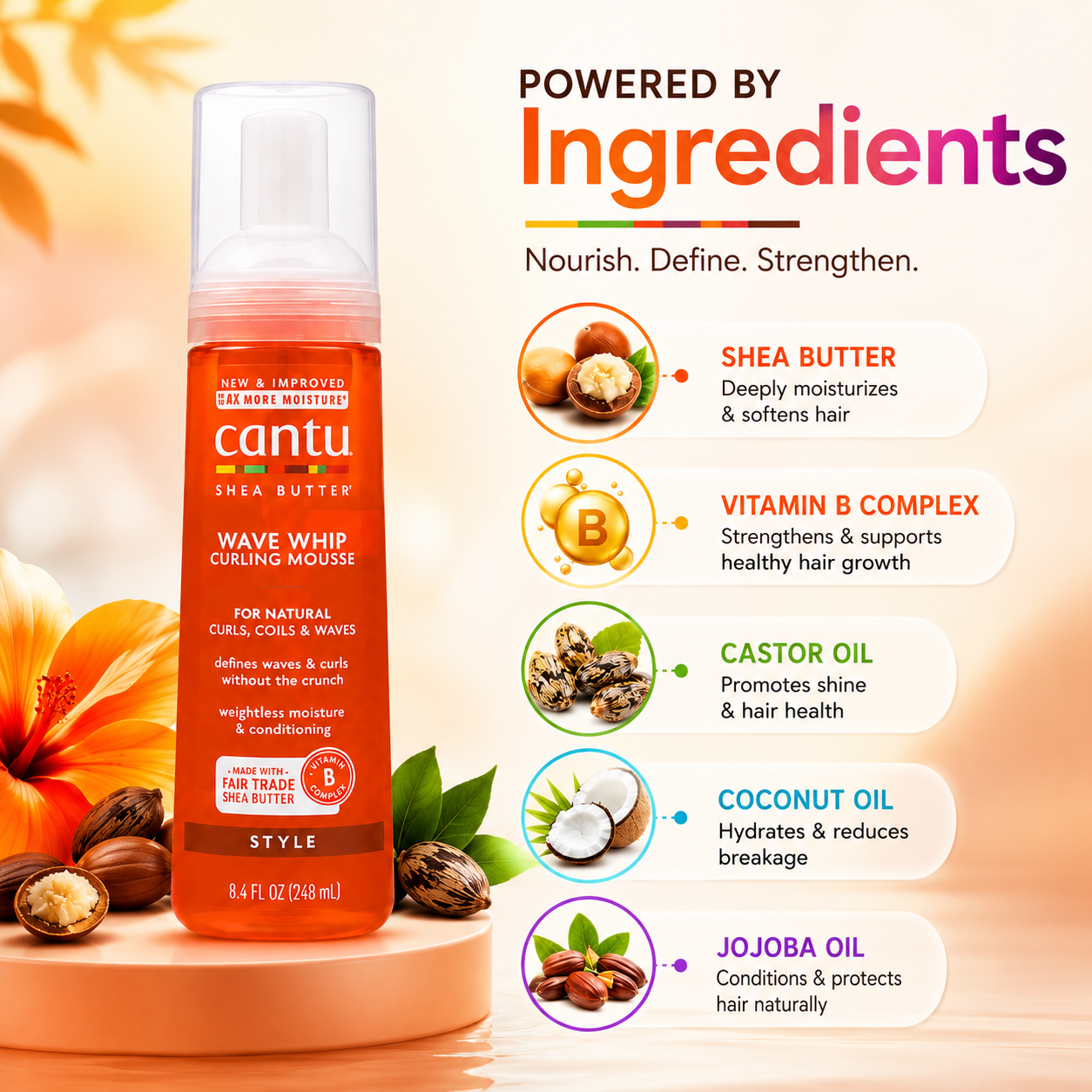 Cantu Shea Butter Wave Whip Curling Mousse 248ml for natural curls and waves with lightweight frizz control and soft hold