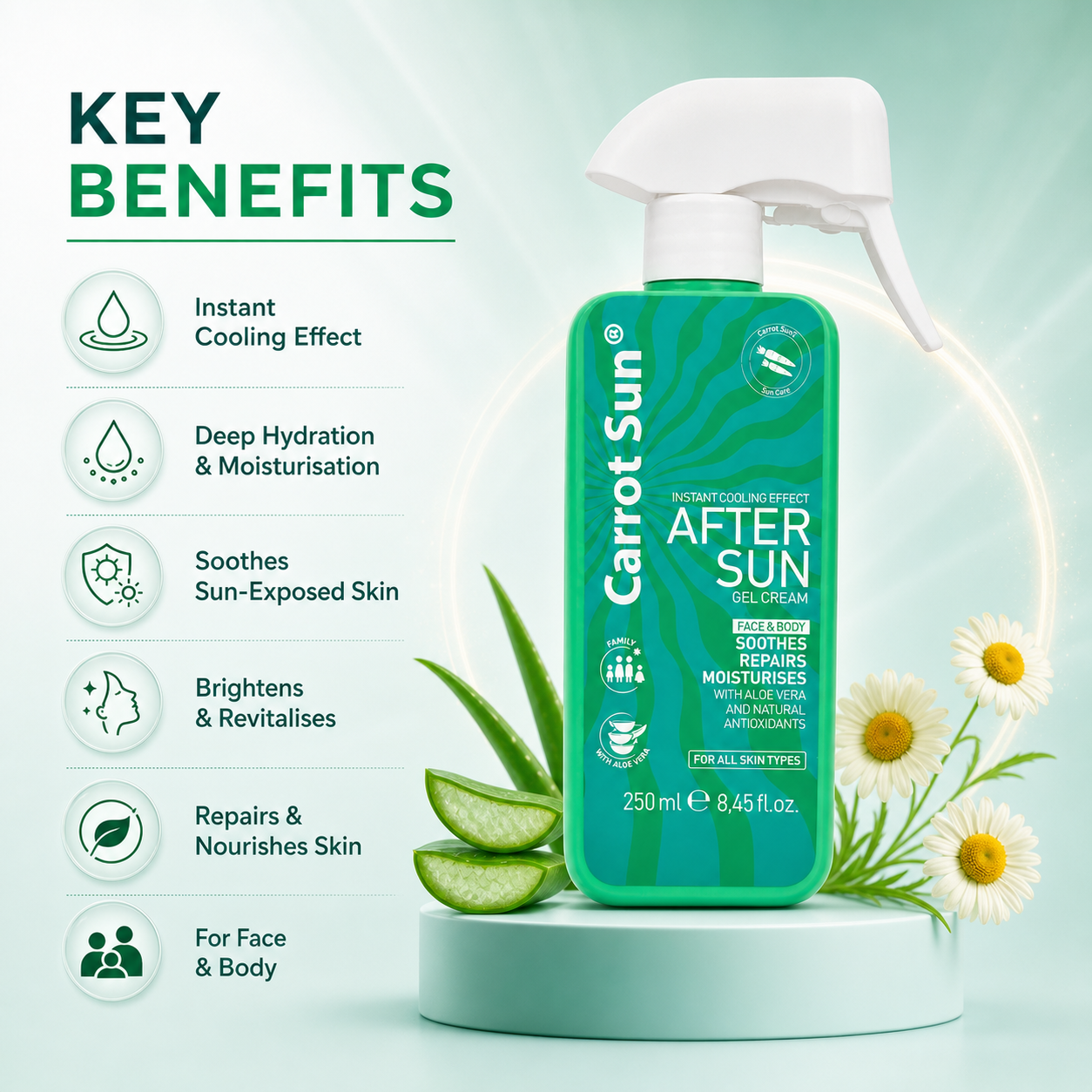 Carrot Sun After Sun Gel Cream spray bottle 250ml, lightweight cooling after sun gel for soothing and repairing sun-exposed skin