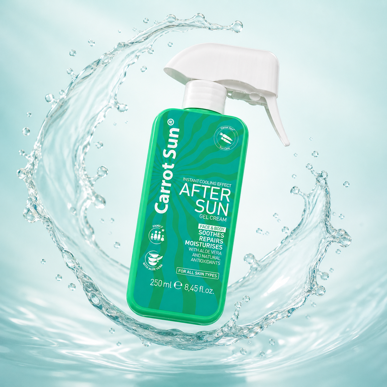 Carrot Sun After Sun Gel Cream spray bottle 250ml, lightweight cooling after sun gel for soothing and repairing sun-exposed skin