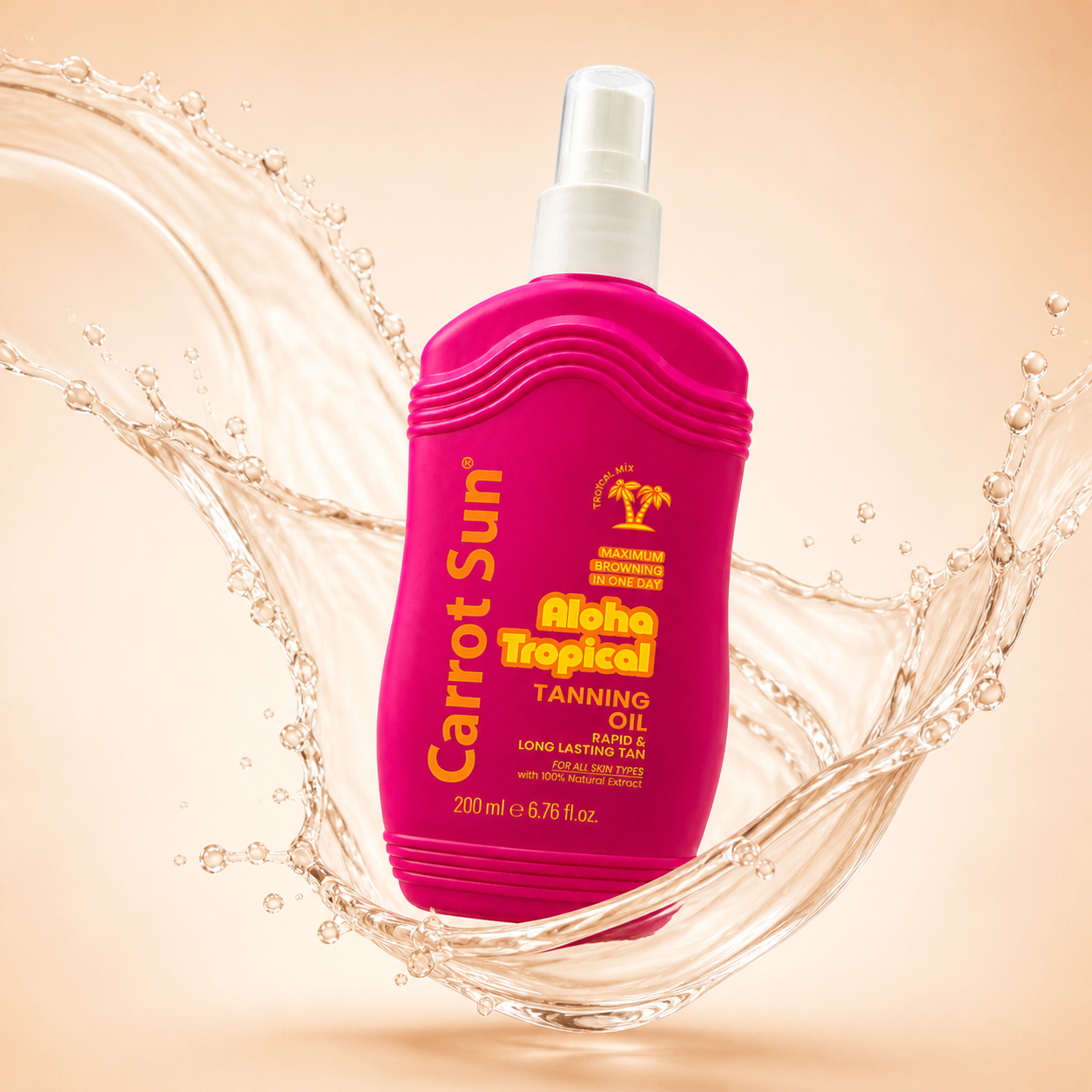 Carrot Sun Aloha Tropical Tanning Oil 200ml spray bottle for fast bronzing and even tan with lightweight non-greasy formula