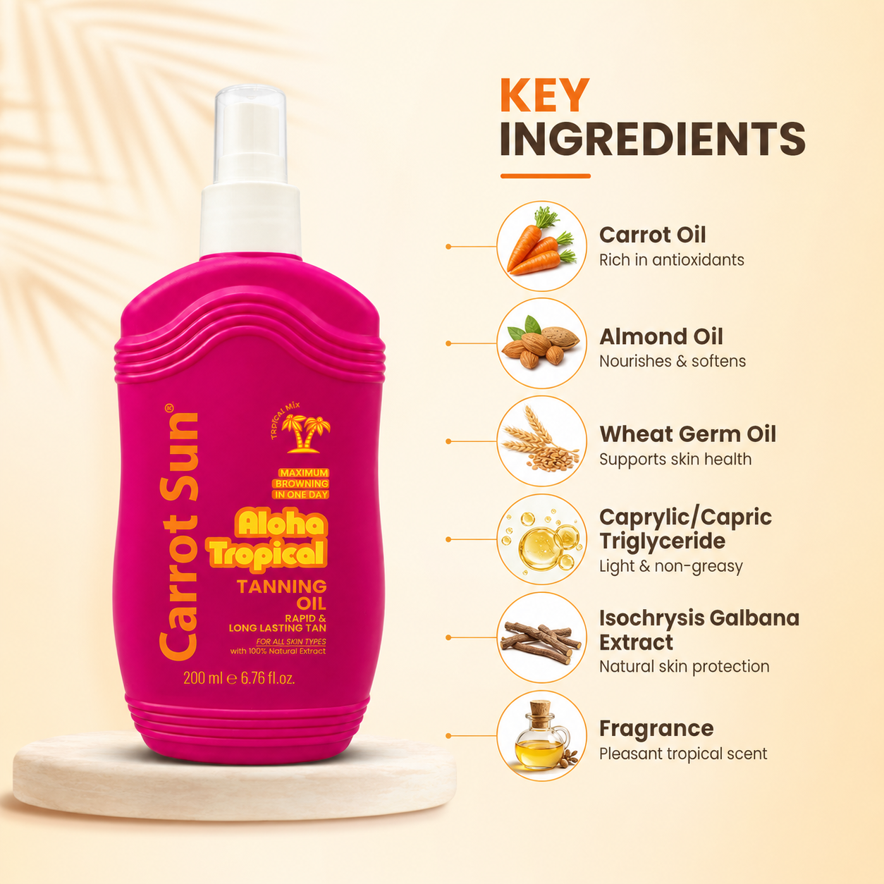 Carrot Sun Aloha Tropical Tanning Oil 200ml spray bottle for fast bronzing and even tan with lightweight non-greasy formula
