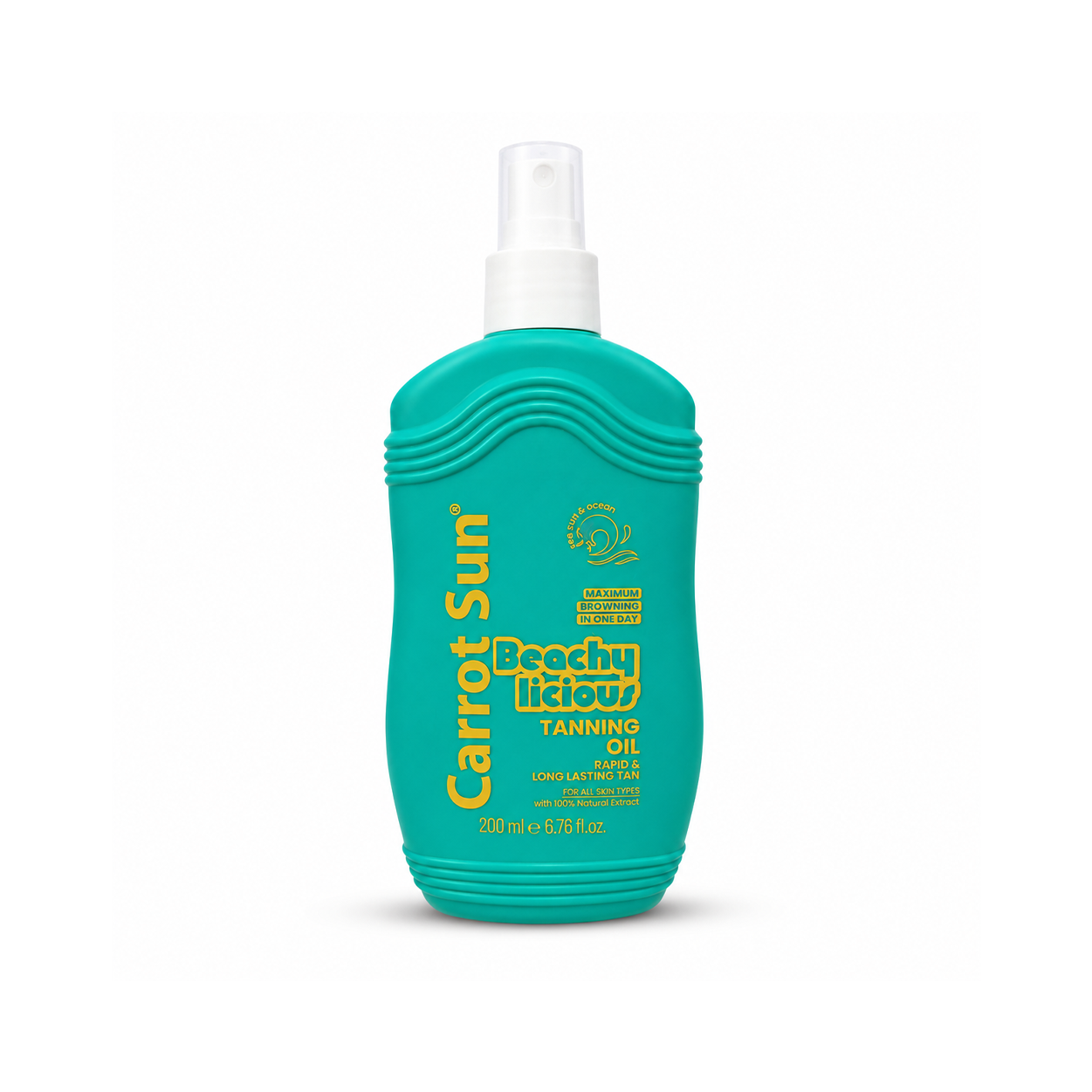 Carrot Sun Beachy Licious Tanning Oil 200ml spray bottle for fast bronzing and smooth even tan in a turquoise container