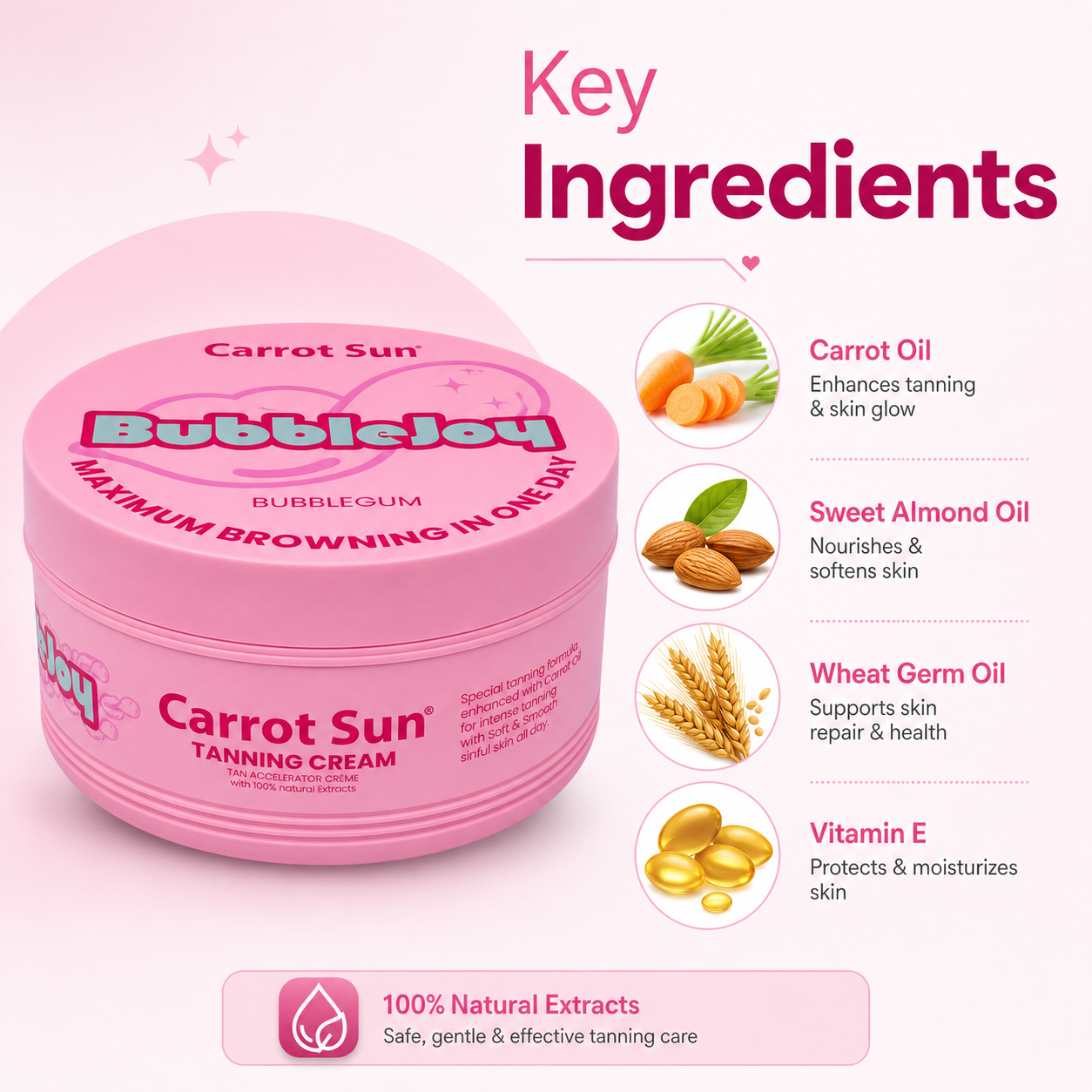 Carrot Sun BubbleJoy Bubblegum Tanning Cream 350ml jar for fast browning and smooth skin with nourishing oils