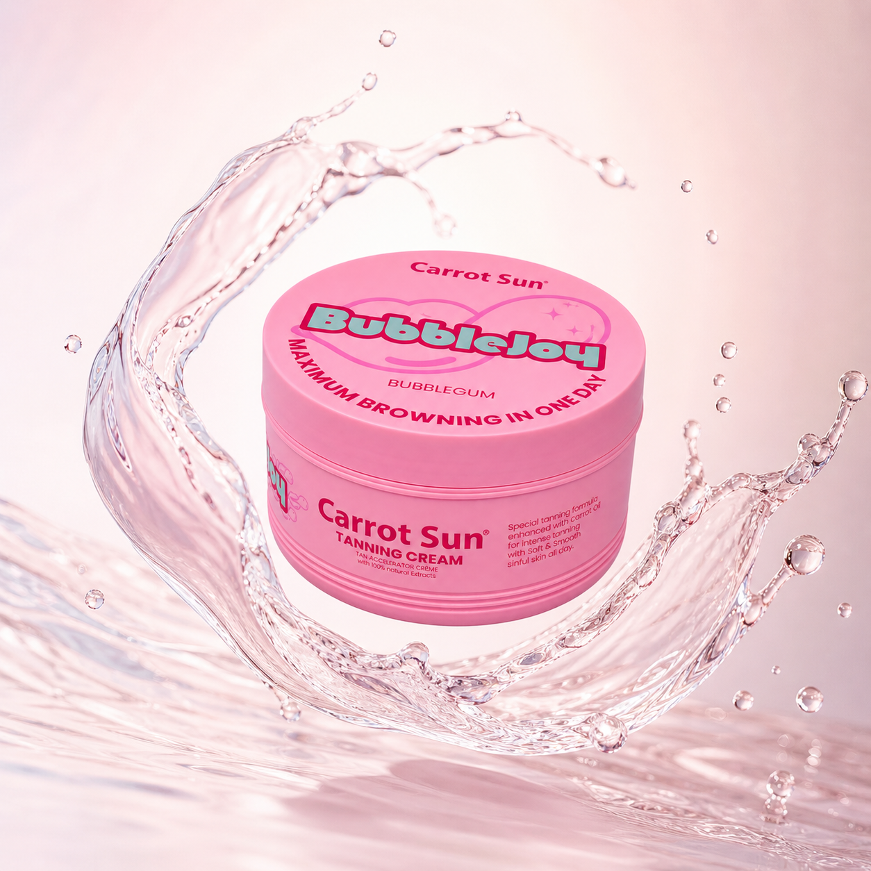 Carrot Sun BubbleJoy Bubblegum Tanning Cream 350ml jar for fast browning and smooth skin with nourishing oils